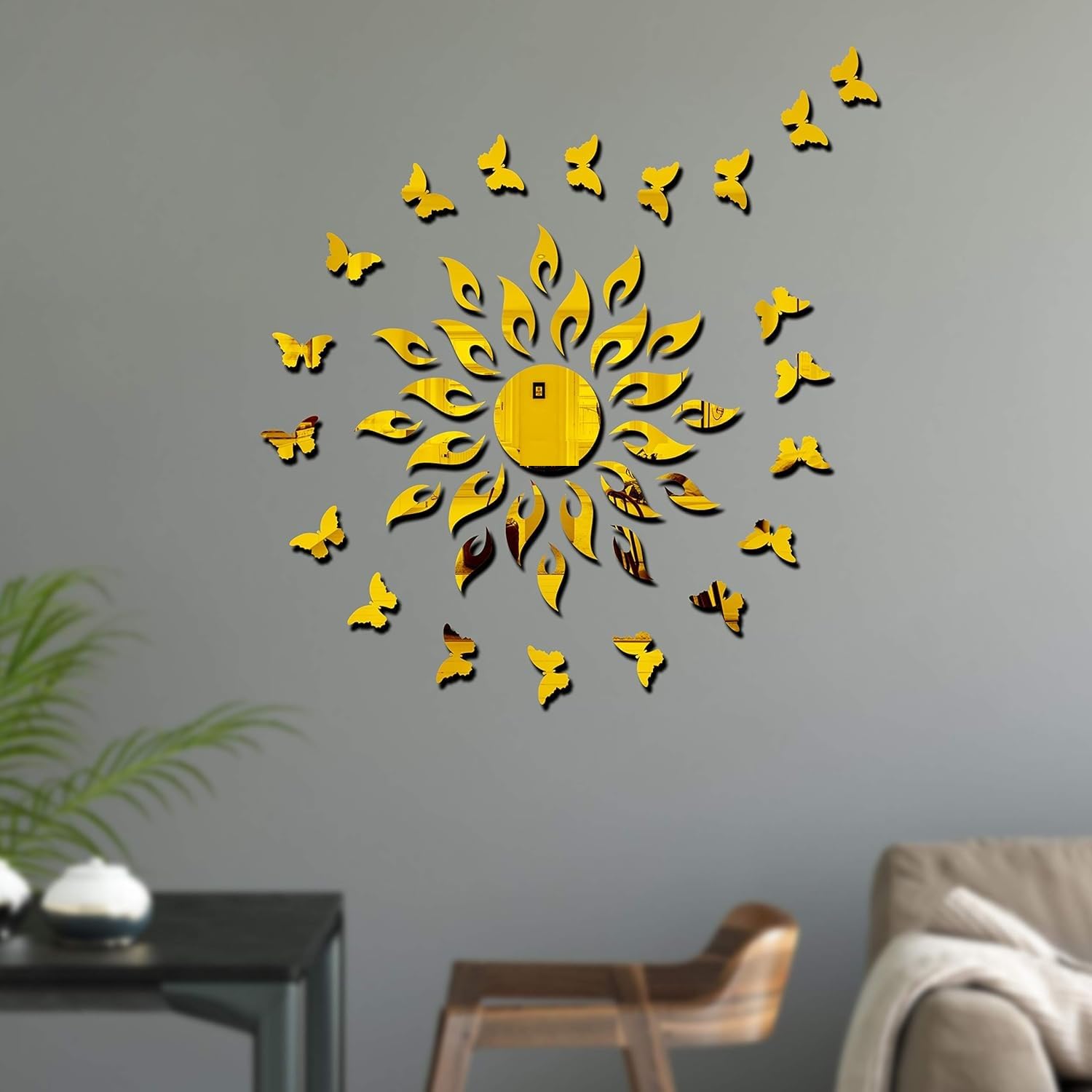 1BHAAV Sun Golden with 20 Butterfly Golden Decorative Mirror Stickers for Wall 3D Acrylic Wall Stickers 1BHAAV Sun Golden with 20 Butterfly Golden Decorative Mirror Stickers for Wall 3D Acrylic Wall Stickers