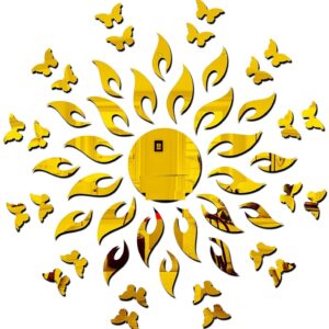 1BHAAV Sun Golden with 20 Butterfly Golden Decorative Mirror Stickers for Wall 3D Acrylic Wall Stickers