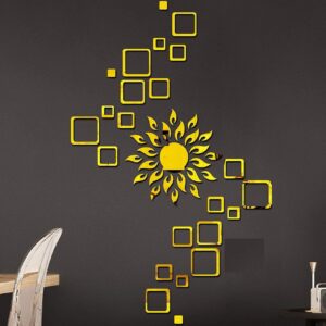 1BHAAV Sun Golden with Square Golden 4 Set Decorative Mirror Stickers for Wall Acrylic Stickers
