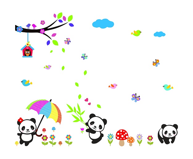WD103 1bhaav Playing Pandas Butterfly Bird House Sticker