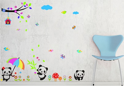 WD103-B 1bhaav Playing Pandas Butterfly Bird House Sticker