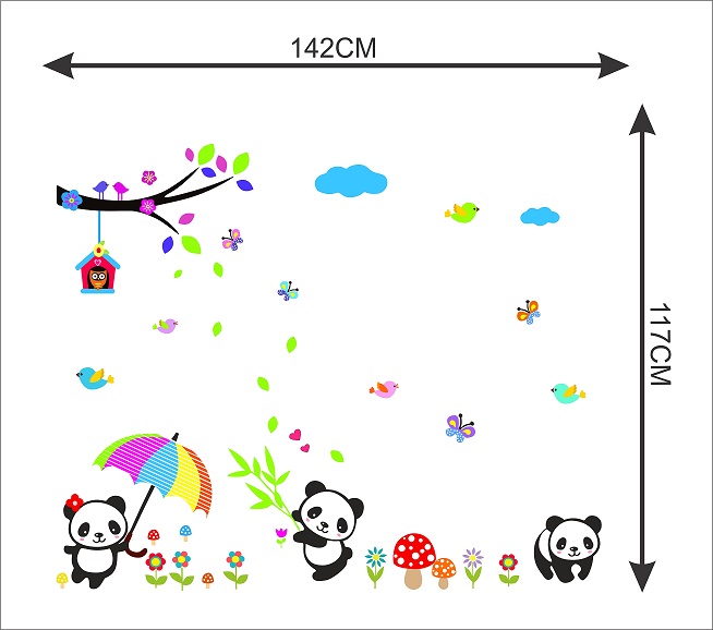 WD103-F 1bhaav Playing Pandas Butterfly Bird House Sticker