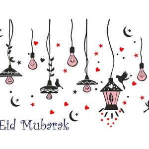 1bhaav Eid Mubarak Colourful lamp Heart Birds Wall Sticker  also known as wall decals or wall art, are decorative elements designed