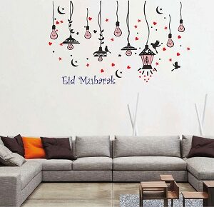 1bhaav Eid Mubarak Colourful lamp Heart Birds Wall Sticker  also known as wall decals or wall art, are decorative elements designed