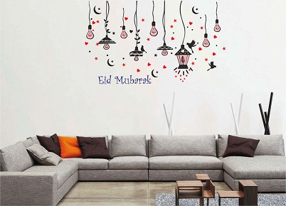WD117-D 1bhaav Eid Mubarak Colourful lamp Heart Birds Wall Sticker  also known as wall decals or wall art, are decorative elements designed