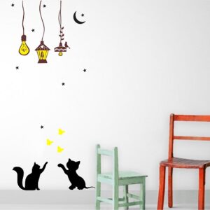 1bhaav Playing cat Under Lamps Moon Star Wall Sticker