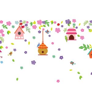 1bhaav Beautiful Colorful Flowers Bird Houses Wall Sticker