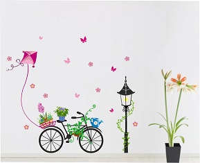 WD132-D 1bhaav Beautiful Cycle with Tree pots Kite Wall Sticker
