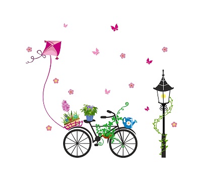 WD132 1bhaav Beautiful Cycle with Tree pots Kite Wall Sticker
