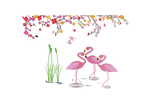 WD136 1bhaav Flemingo Birds in Water with Flower Branch Wall Sticker