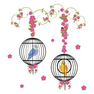 1bhaav Beautiful Flowers Birds in Cages Wall Sticker