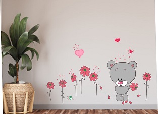 WD172-B 1bhaav Baby Teddy Bear with Colorful Flowers Wall Sticker
