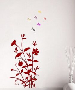1bhaav Red Grass with Colorful Butterflies Wall Sticker