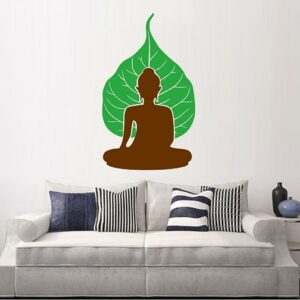 1bhaav Meditating Brown Buddha with Leaf PVC Vinyl Multicolor Wall Sticker