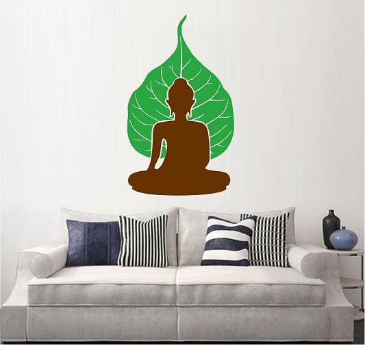WD58-C 1bhaav Meditating Brown Buddha with Leaf PVC Vinyl Multicolor Wall Sticker