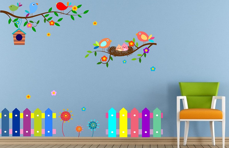 WD60-A 1bhaav Colorful Cartoon Design with Birds or Bird House PVC Vinyl , also known as wall decals or wall art, are decorative elements