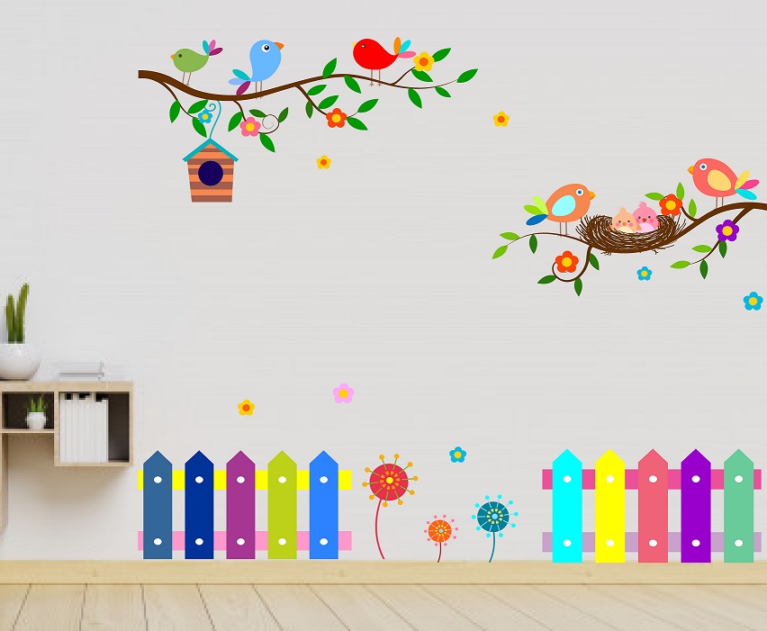 WD60-B 1bhaav Colorful Cartoon Design with Birds or Bird House PVC Vinyl , also known as wall decals or wall art, are decorative elements