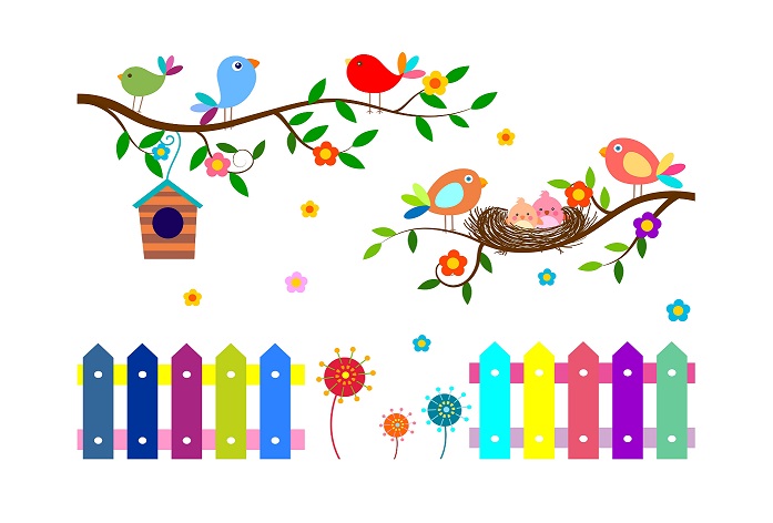 WD60 1bhaav Colorful Cartoon Design with Birds or Bird House PVC Vinyl , also known as wall decals or wall art, are decorative elements