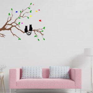 1bhaav Love cat on Tree with Birds PVC Vinyl Multicolor Wall Sticker