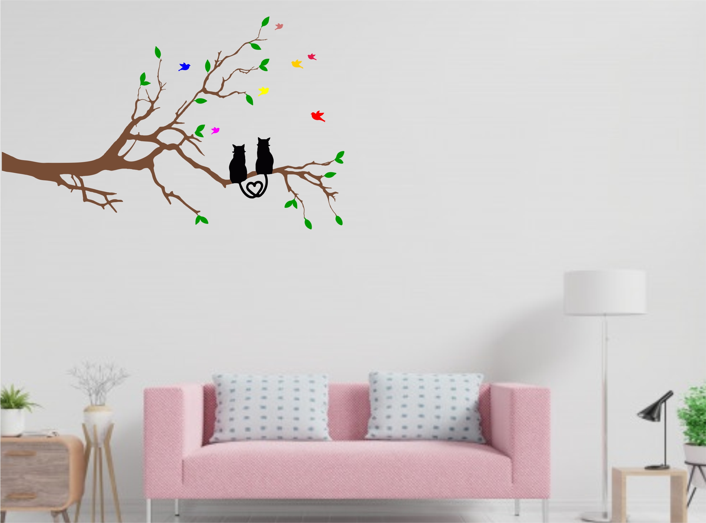 WD63-E 1bhaav Love cat on Tree with Birds PVC Vinyl Multicolor Wall Sticker