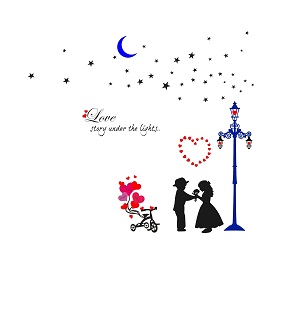 WD69 1bhaav Couple Love Heart in Street Light with Moon Stars PVC Vinyl Multicolor