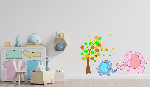 WD72-A 1bhaav Cartoon Elephant Family Tree Colorful PVC Vinyl Multicolor