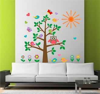 WD74-A 1bhaav Cartoon Tree Birds Butterfly Flowers Sun Wall Sticker