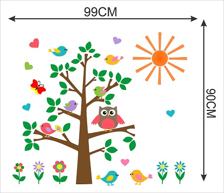 WD74-F 1bhaav Cartoon Tree Birds Butterfly Flowers Sun Wall Sticker
