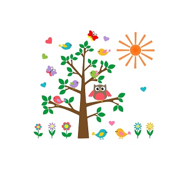 WD74 1bhaav Cartoon Tree Birds Butterfly Flowers Sun Wall Sticker, also known as wall decals or wall art, are decorative elements