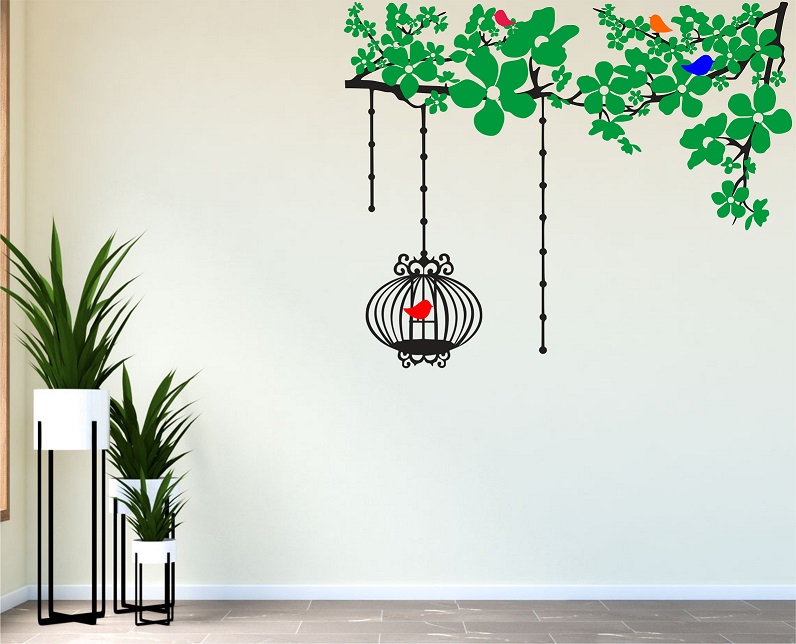 WD76-B 1bhaav Green Flowers Tree with cage PVC Vinyl Multicolor