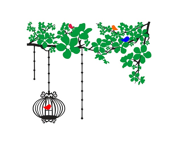 WD76 1bhaav Green Flowers Tree with cage PVC Vinyl Multicolor