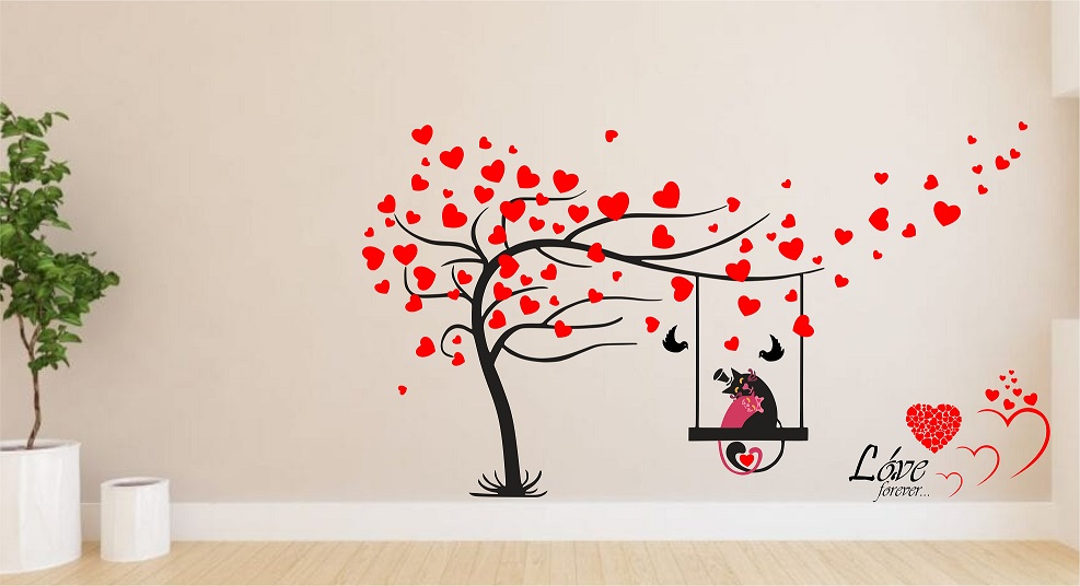 WD77-A 1bhaav Heart Shape Tree with cat Love Forever Wall Sticker