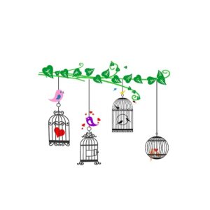 1bhaav Tree Leaves with Cages Birds PVC Vinyl Multicolor Decorative Wall Sticker