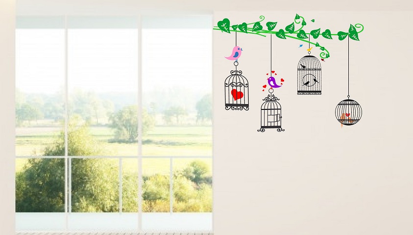 WD81-B 1bhaav Tree Leaves with Cages Birds PVC Vinyl Multicolor Decorative Wall Sticker
