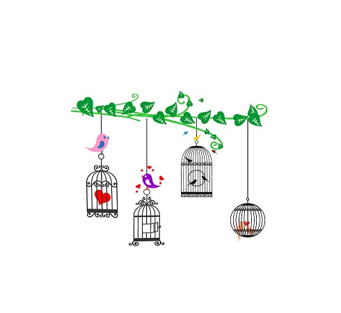 WD81 1bhaav Tree Leaves with Cages Birds PVC Vinyl Multicolor Decorative Wall Sticker