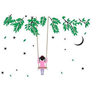 1bhaav Girl Playing Under Tree Green Leaves Star Moon Wall Sticker