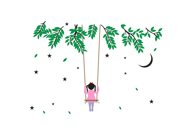 WD90 1bhaav Girl Playing Under Tree Green Leaves Star Moon Wall Sticker