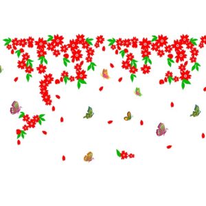 1bhaav Red Flower with Colorful butterflyes PVC Vinyl Multicolor Wall Sticker