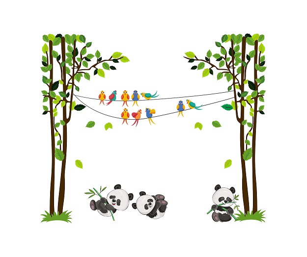 WD97 1bhaav Playing Pandas Birds Sitting on Tree Wall Sticker