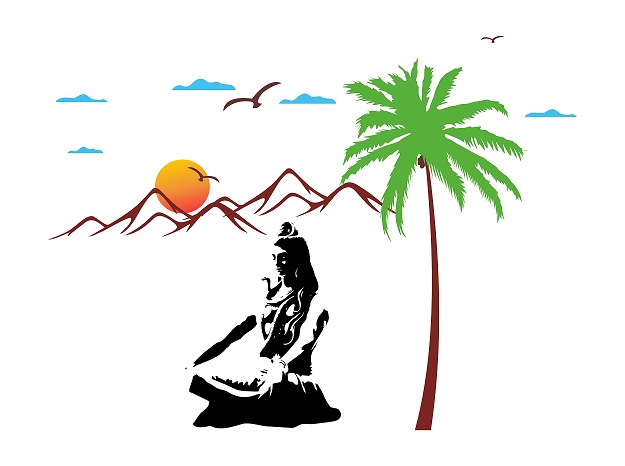 WD98 1bhaav Maditating Shiva on Kailash Mountain Sun Birds Tree PVC Vinyl Multicolor also known as wall decals or wall art